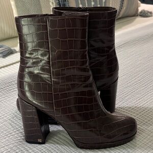 Rachel Zoe Dark Brown Croc-Embossed Heeled Boots